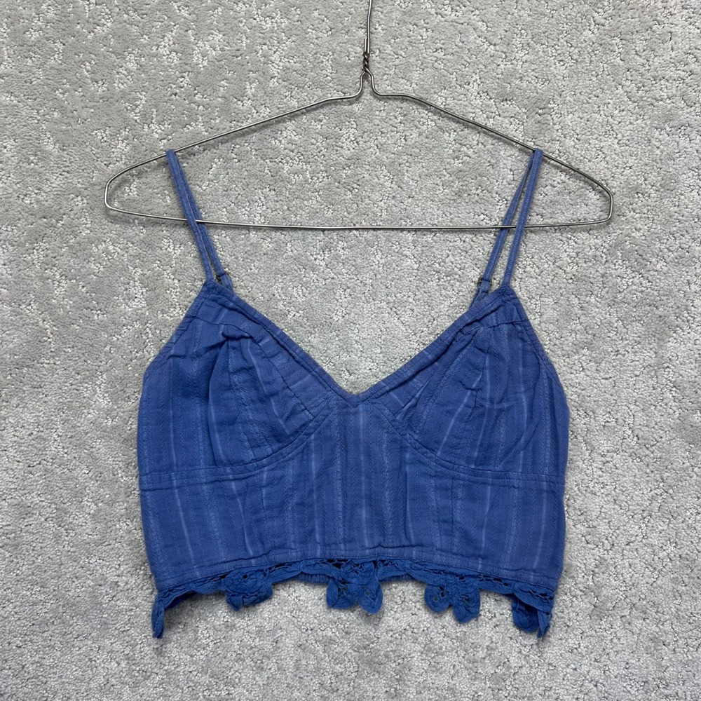 Free People FP One Bralette Crop Top Womens S Blue Smocked Crochet Battenburg